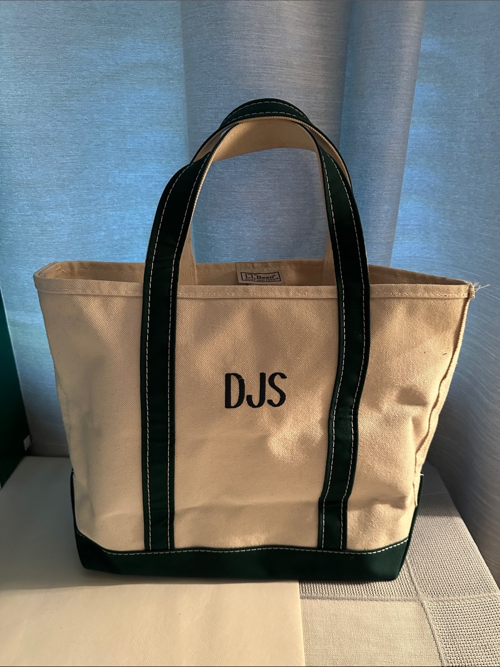 LL Bean Canvas Boat and Tote Medium Bag with Green Trim - DJS Monogram - Stiff